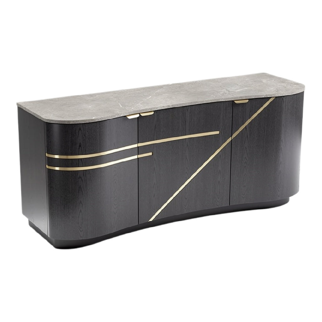 "Elegante Zwarte Dressoir met Marmeren Top en Gouden Accenten"
