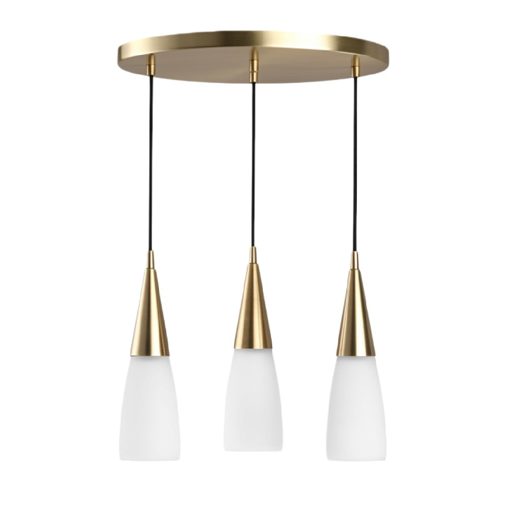 Hanglamp met drie glazen kappen en gouden details