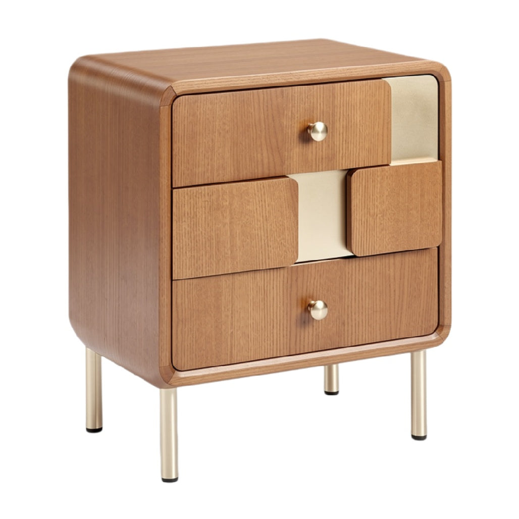 Moderne Houten Nachtkastje met Gouden Accenten en Meerdere Laden